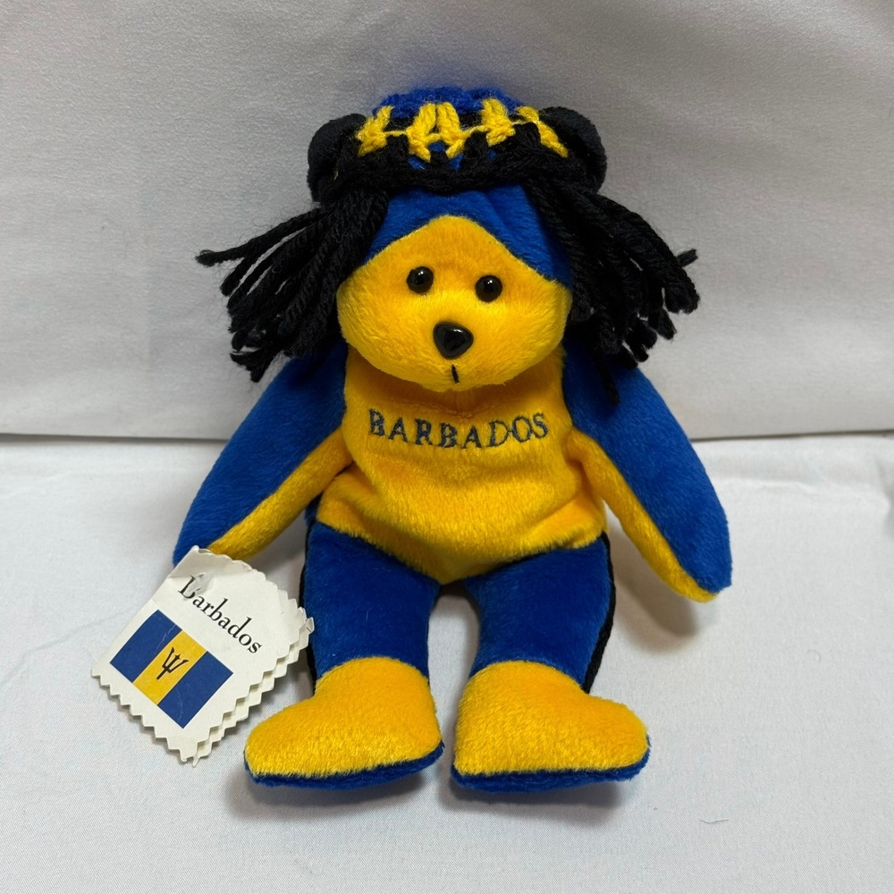 VTG Island Dolls Barbados Souvenir Plush Teddy Bear Blue Yellow Yarn Hair 8.5 In